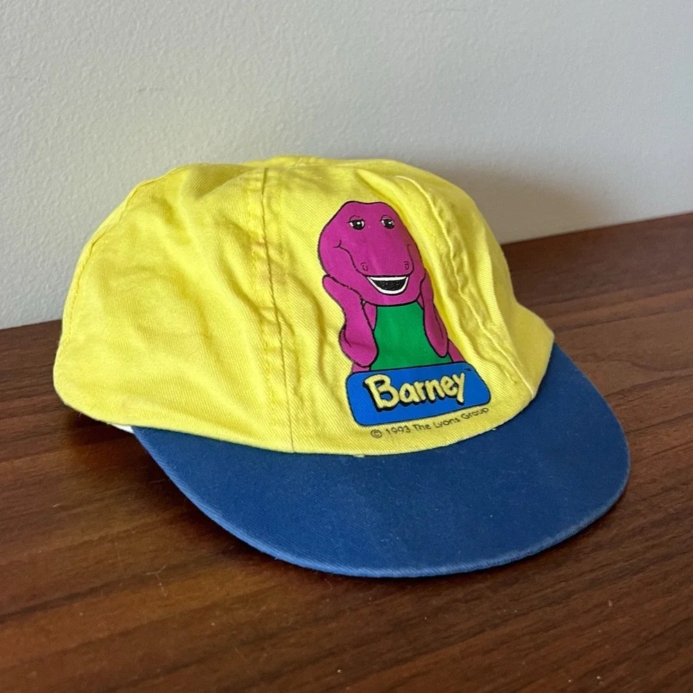Vintage 1993 Barney The Dinosaur Yellow Blue Snapback Hat Cap Kids One Size